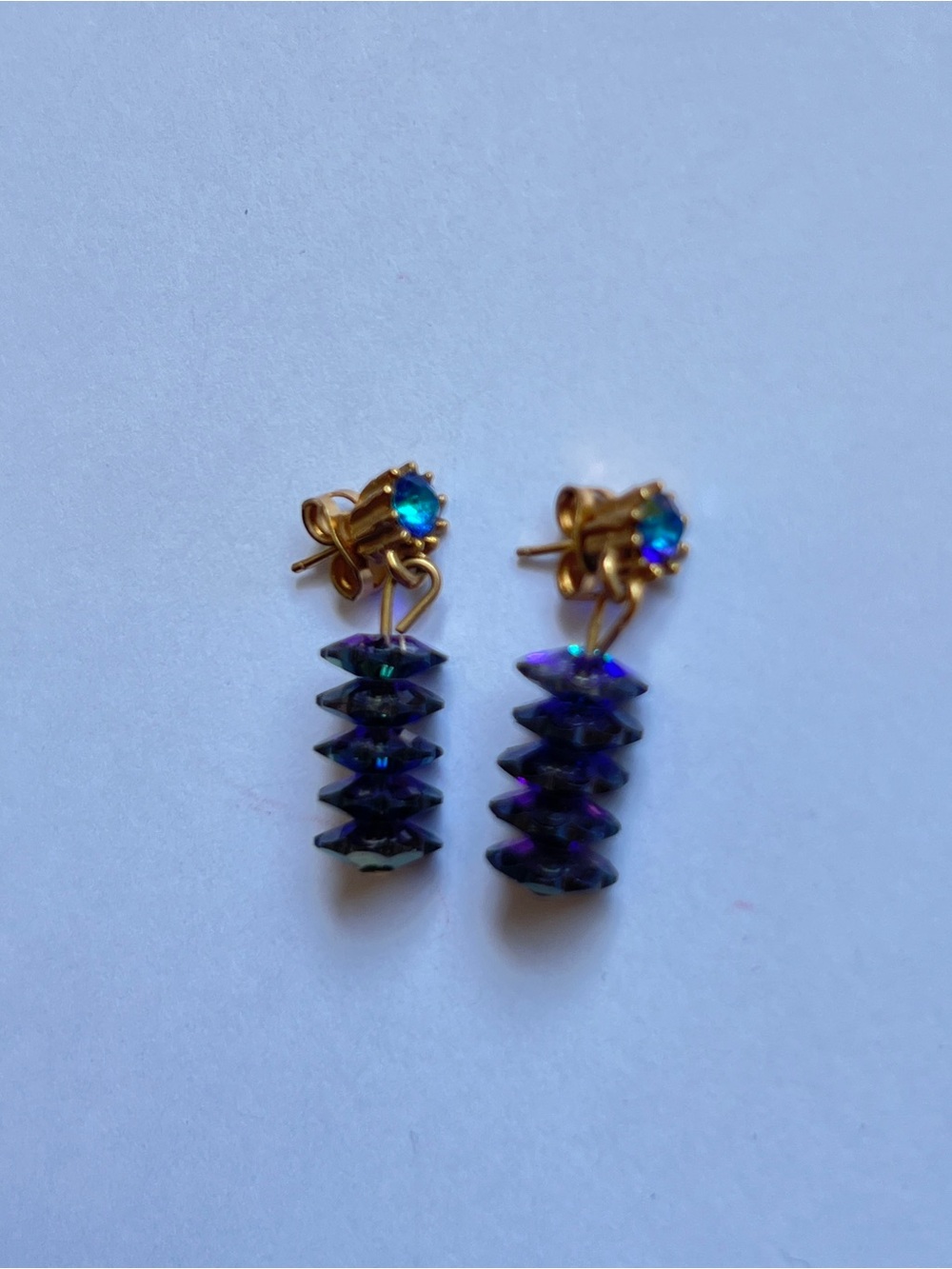 Vintage Iridescent Aurora Borealis Crystal Dangle Earrings | Gold Tone Stud Drop